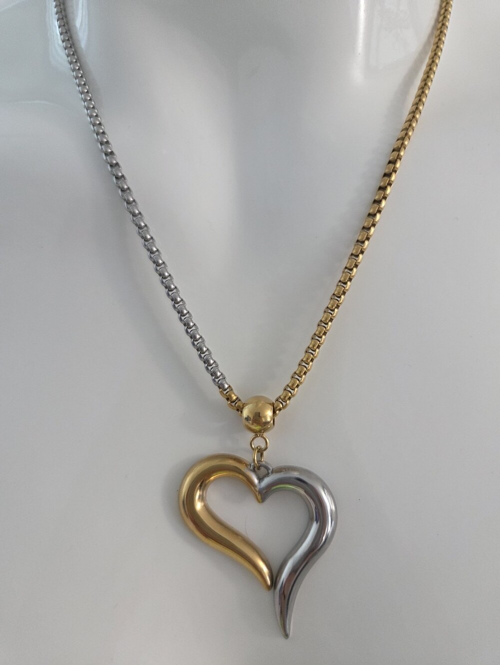 Two Tone Heart Pendant Necklace Gold & Silver Stainless Steel